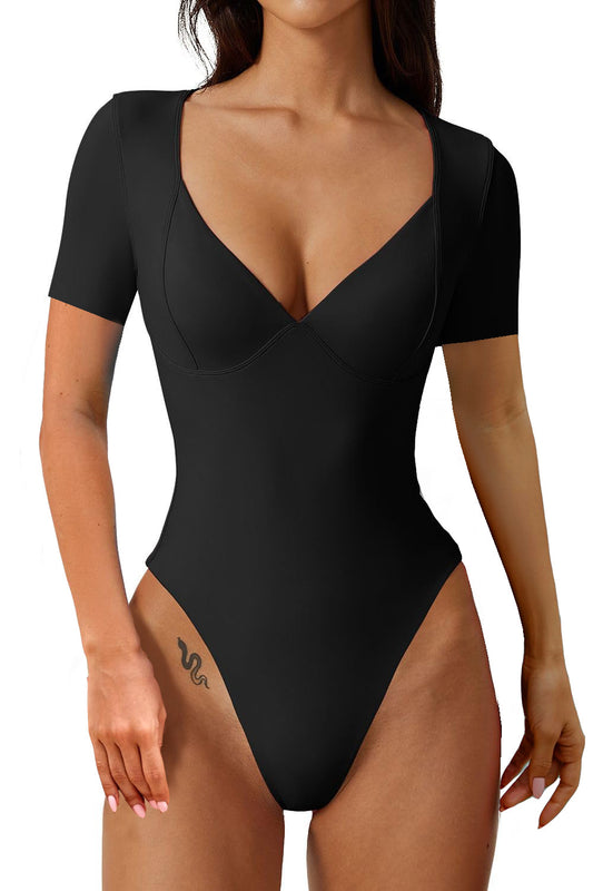 Short Sleeve Seamed Cup V-Neck Bodysuit