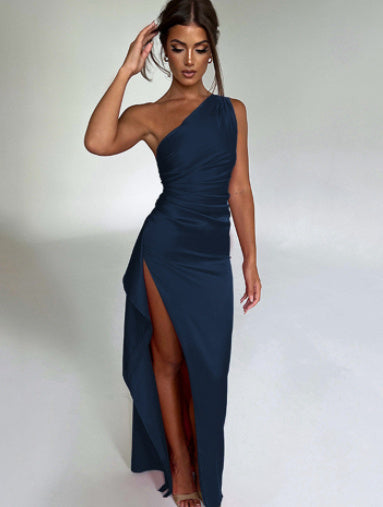 Satin One-Shoulder Backless Slit Dress