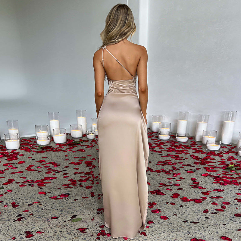 Satin One-Shoulder Backless Slit Dress