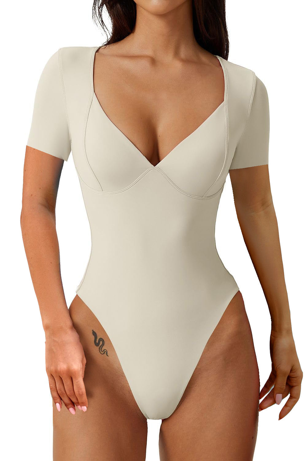 Short Sleeve Seamed Cup V-Neck Bodysuit